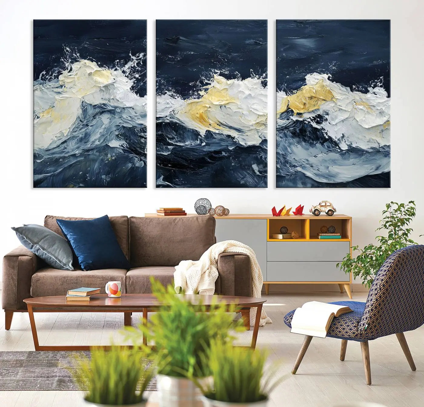 89192-MGV-CV-36X24-Abstract Ocean Waves Wall Art Canvas Print – Framed Blue White Sea Painting Modern Coastal Artwork for Home, Office Decor