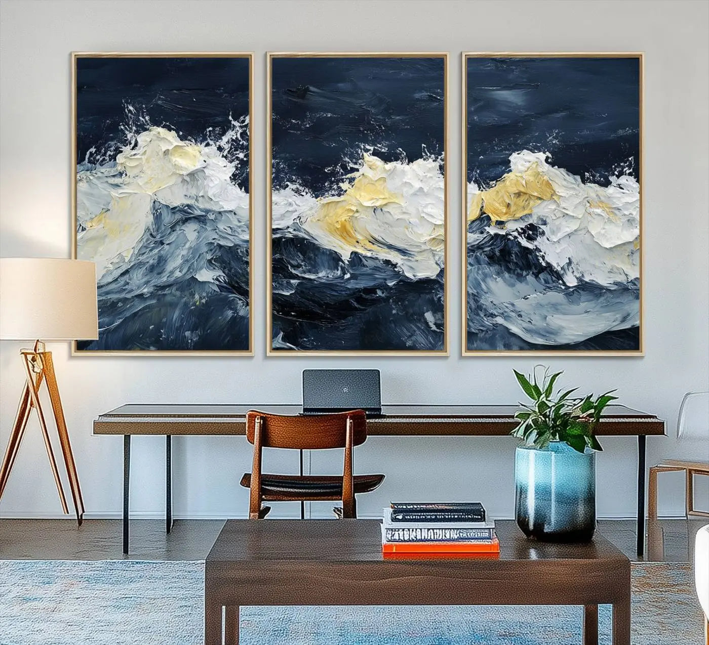 89192-MGV-FC-48X32-3P_Natural-Abstract Ocean Waves Wall Art Canvas Print – Framed Blue White Sea Painting Modern Coastal Artwork for Home, Office Decor