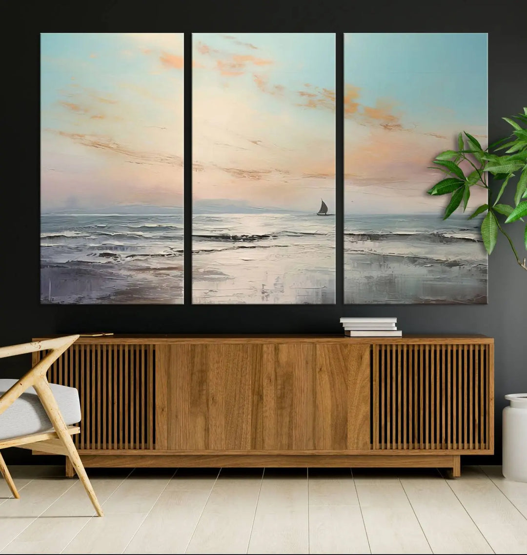 An exquisite Abstract Ocean and Boat Wall Art Canvas Print adorns the space. This beautifully framed artwork features high-resolution printing, infusing vibrant life into your decor.