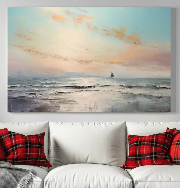 An exquisite Abstract Ocean and Boat Wall Art Canvas Print adorns the space. This beautifully framed artwork features high-resolution printing, infusing vibrant life into your decor.