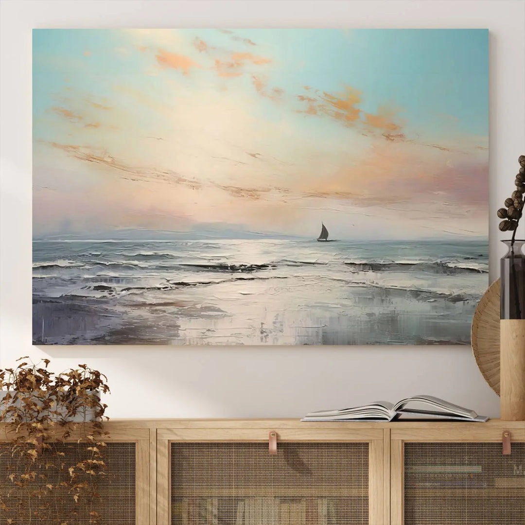 An exquisite Abstract Ocean and Boat Wall Art Canvas Print adorns the space. This beautifully framed artwork features high-resolution printing, infusing vibrant life into your decor.