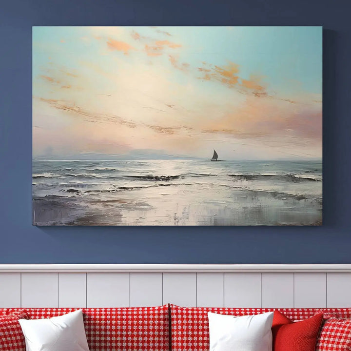 An exquisite Abstract Ocean and Boat Wall Art Canvas Print adorns the space. This beautifully framed artwork features high-resolution printing, infusing vibrant life into your decor.