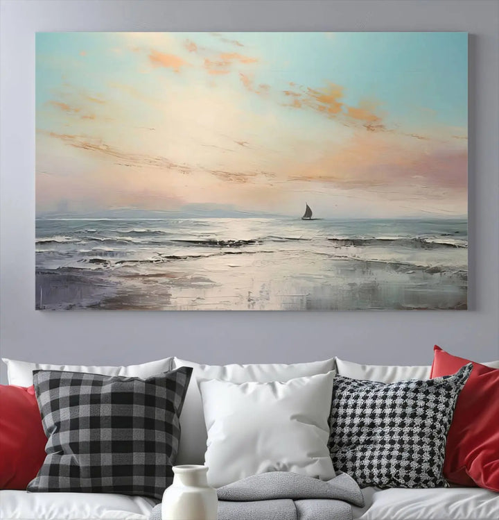 An exquisite Abstract Ocean and Boat Wall Art Canvas Print adorns the space. This beautifully framed artwork features high-resolution printing, infusing vibrant life into your decor.