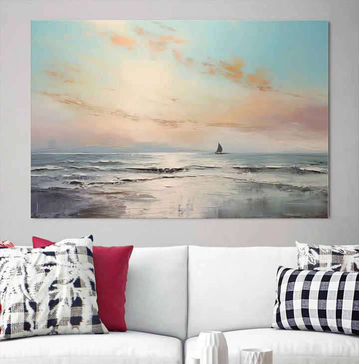 An exquisite Abstract Ocean and Boat Wall Art Canvas Print adorns the space. This beautifully framed artwork features high-resolution printing, infusing vibrant life into your decor.