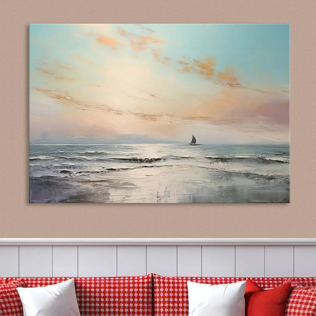 An exquisite Abstract Ocean and Boat Wall Art Canvas Print adorns the space. This beautifully framed artwork features high-resolution printing, infusing vibrant life into your decor.