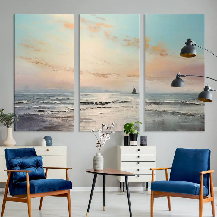 An exquisite Abstract Ocean and Boat Wall Art Canvas Print adorns the space. This beautifully framed artwork features high-resolution printing, infusing vibrant life into your decor.