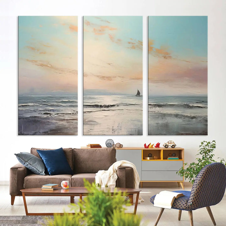 An exquisite Abstract Ocean and Boat Wall Art Canvas Print adorns the space. This beautifully framed artwork features high-resolution printing, infusing vibrant life into your decor.