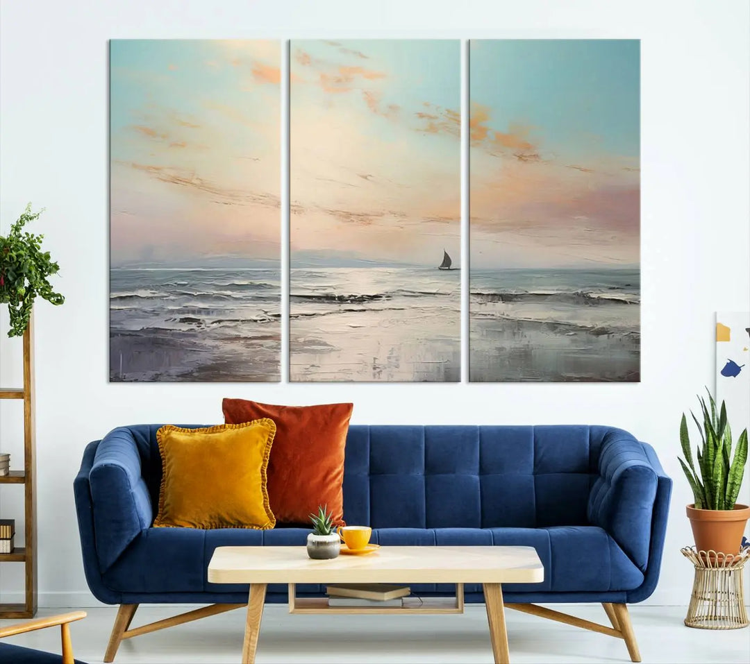 An exquisite Abstract Ocean and Boat Wall Art Canvas Print adorns the space. This beautifully framed artwork features high-resolution printing, infusing vibrant life into your decor.