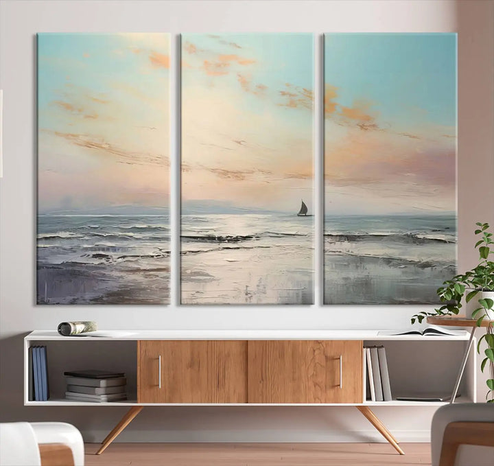 An exquisite Abstract Ocean and Boat Wall Art Canvas Print adorns the space. This beautifully framed artwork features high-resolution printing, infusing vibrant life into your decor.