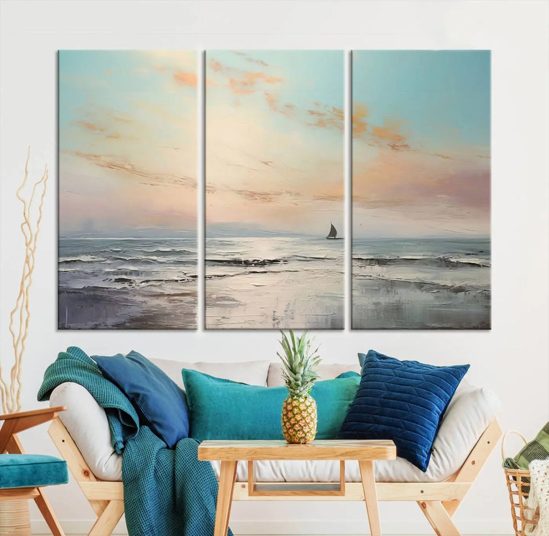 An exquisite Abstract Ocean and Boat Wall Art Canvas Print adorns the space. This beautifully framed artwork features high-resolution printing, infusing vibrant life into your decor.