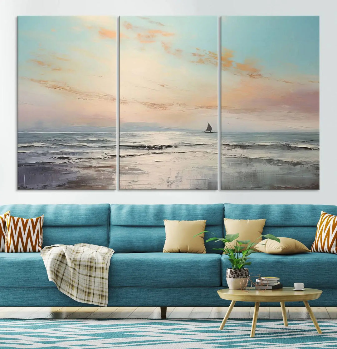 An exquisite Abstract Ocean and Boat Wall Art Canvas Print adorns the space. This beautifully framed artwork features high-resolution printing, infusing vibrant life into your decor.