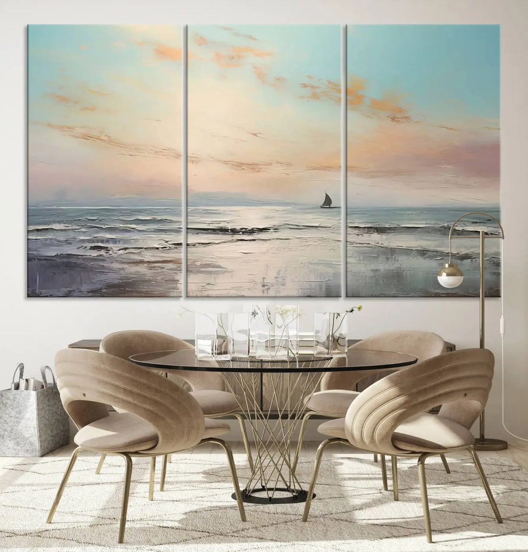 An exquisite Abstract Ocean and Boat Wall Art Canvas Print adorns the space. This beautifully framed artwork features high-resolution printing, infusing vibrant life into your decor.