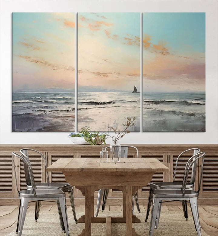 An exquisite Abstract Ocean and Boat Wall Art Canvas Print adorns the space. This beautifully framed artwork features high-resolution printing, infusing vibrant life into your decor.