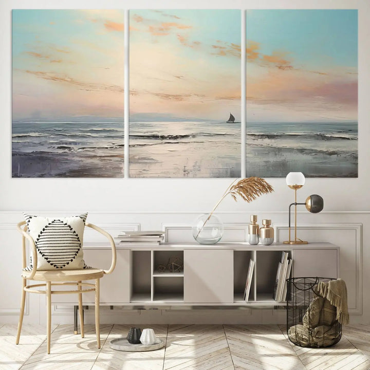 An exquisite Abstract Ocean and Boat Wall Art Canvas Print adorns the space. This beautifully framed artwork features high-resolution printing, infusing vibrant life into your decor.