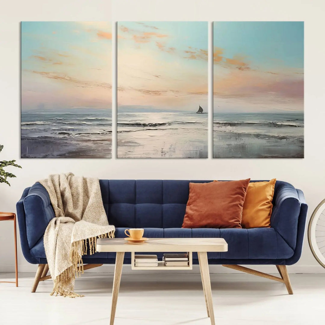 An exquisite Abstract Ocean and Boat Wall Art Canvas Print adorns the space. This beautifully framed artwork features high-resolution printing, infusing vibrant life into your decor.