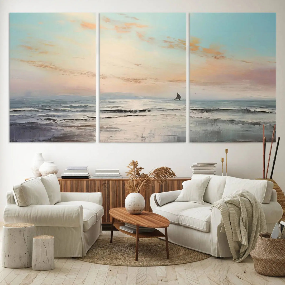 An exquisite Abstract Ocean and Boat Wall Art Canvas Print adorns the space. This beautifully framed artwork features high-resolution printing, infusing vibrant life into your decor.