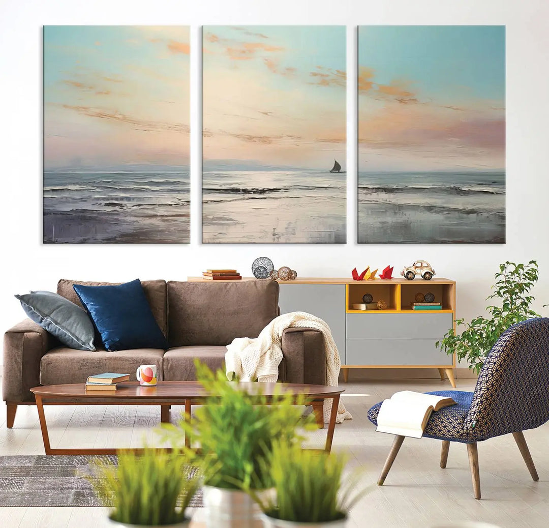 An exquisite Abstract Ocean and Boat Wall Art Canvas Print adorns the space. This beautifully framed artwork features high-resolution printing, infusing vibrant life into your decor.