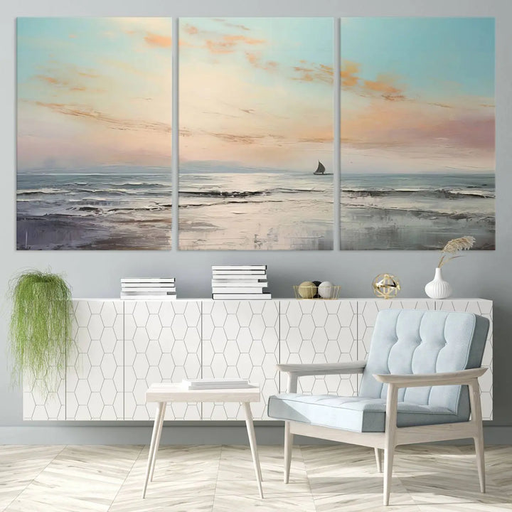 An exquisite Abstract Ocean and Boat Wall Art Canvas Print adorns the space. This beautifully framed artwork features high-resolution printing, infusing vibrant life into your decor.