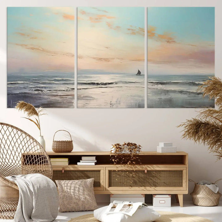 An exquisite Abstract Ocean and Boat Wall Art Canvas Print adorns the space. This beautifully framed artwork features high-resolution printing, infusing vibrant life into your decor.