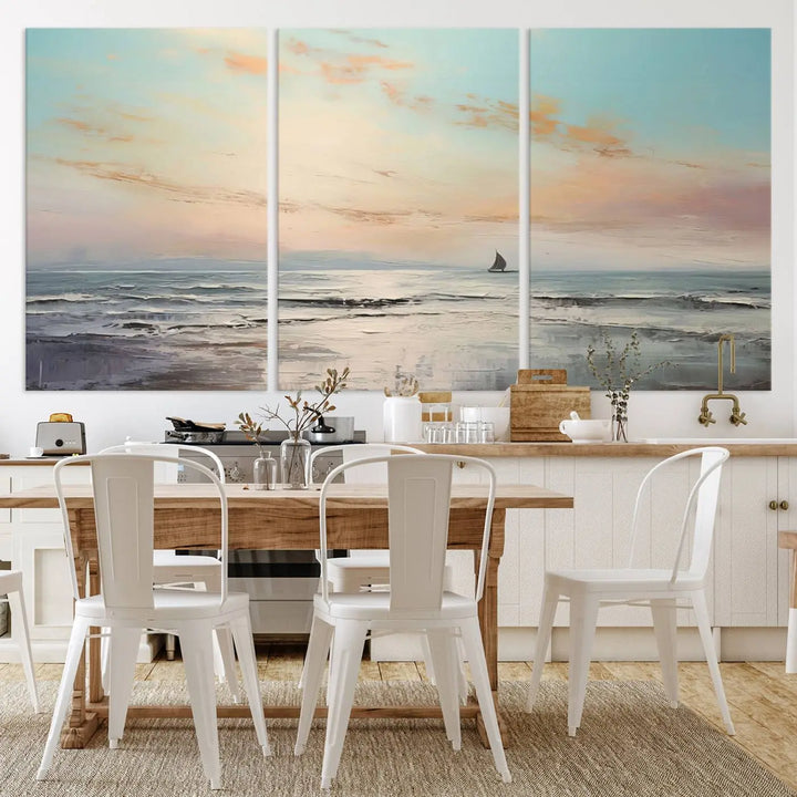 An exquisite Abstract Ocean and Boat Wall Art Canvas Print adorns the space. This beautifully framed artwork features high-resolution printing, infusing vibrant life into your decor.