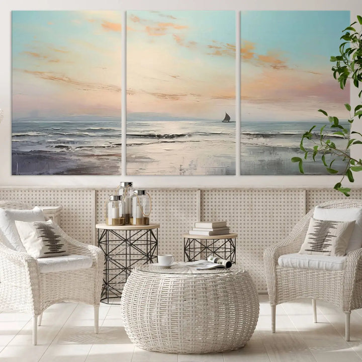 An exquisite Abstract Ocean and Boat Wall Art Canvas Print adorns the space. This beautifully framed artwork features high-resolution printing, infusing vibrant life into your decor.