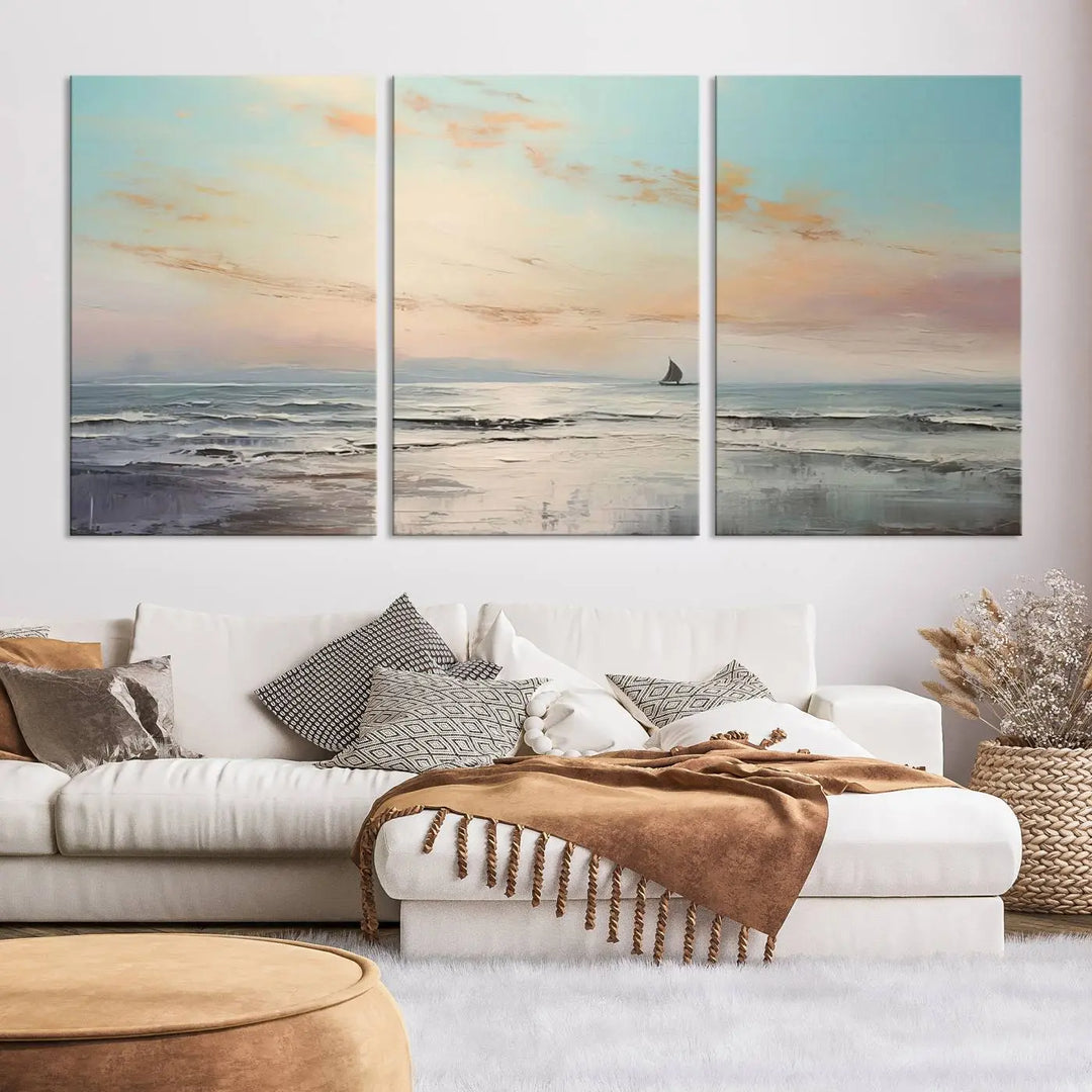 An exquisite Abstract Ocean and Boat Wall Art Canvas Print adorns the space. This beautifully framed artwork features high-resolution printing, infusing vibrant life into your decor.