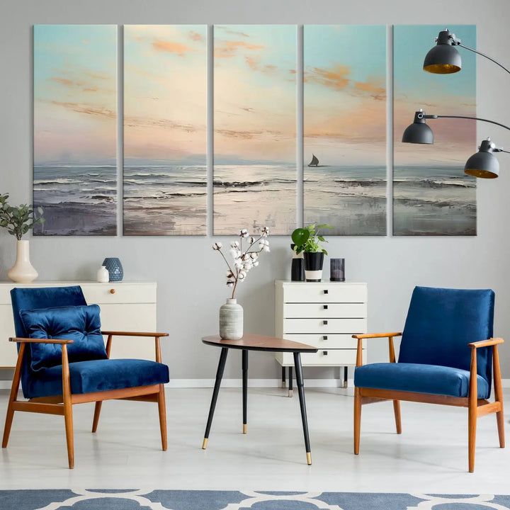 An exquisite Abstract Ocean and Boat Wall Art Canvas Print adorns the space. This beautifully framed artwork features high-resolution printing, infusing vibrant life into your decor.