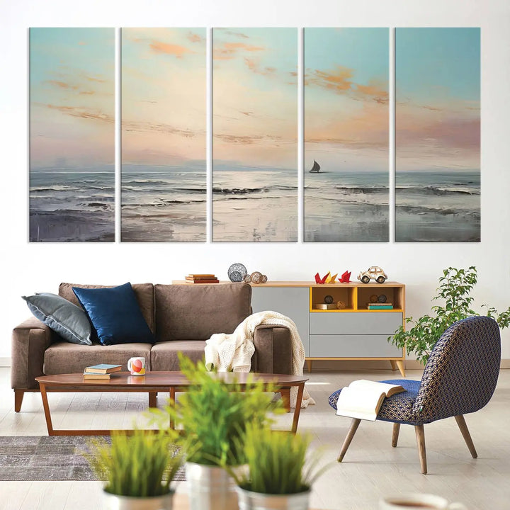 An exquisite Abstract Ocean and Boat Wall Art Canvas Print adorns the space. This beautifully framed artwork features high-resolution printing, infusing vibrant life into your decor.