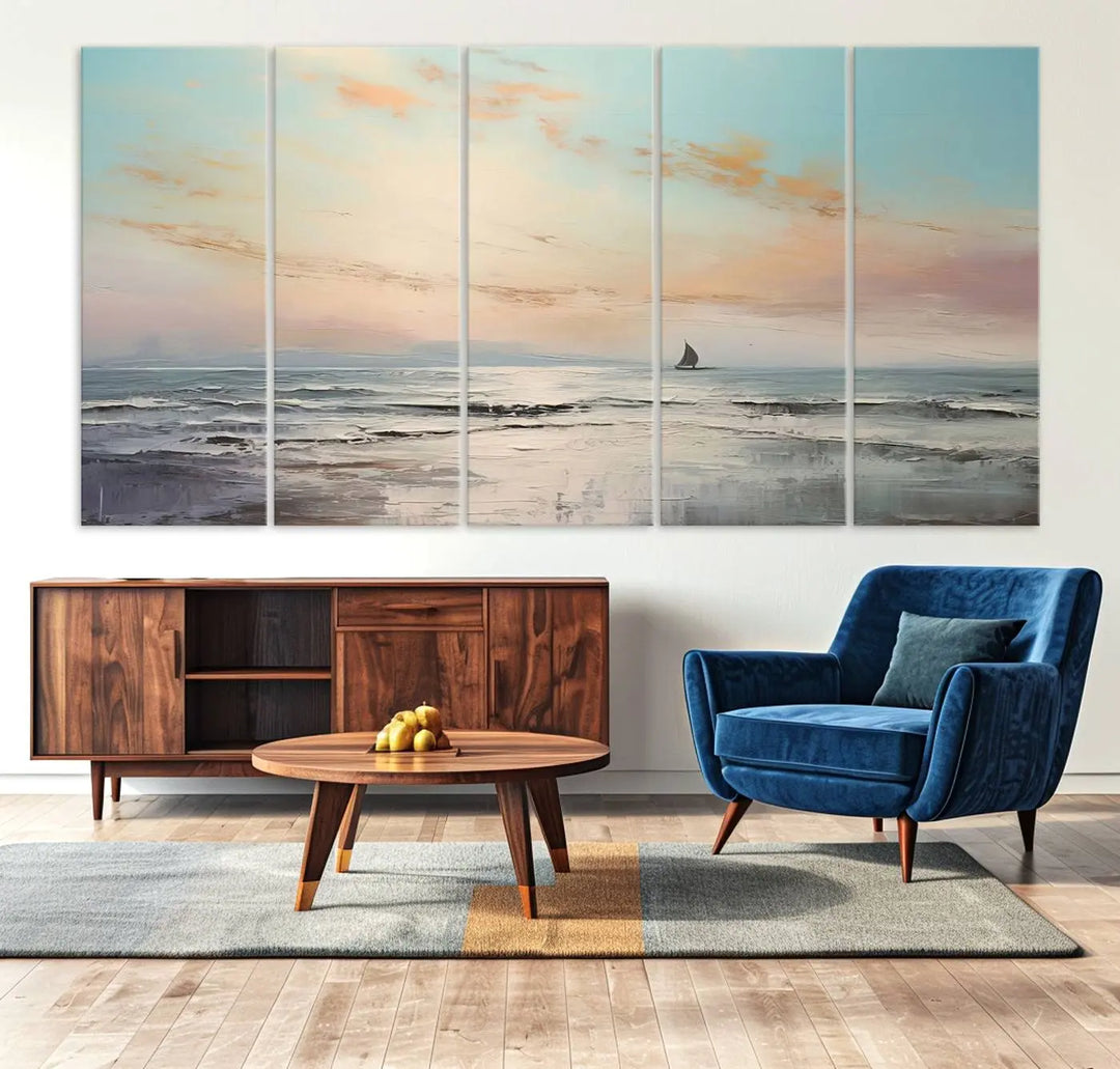 An exquisite Abstract Ocean and Boat Wall Art Canvas Print adorns the space. This beautifully framed artwork features high-resolution printing, infusing vibrant life into your decor.