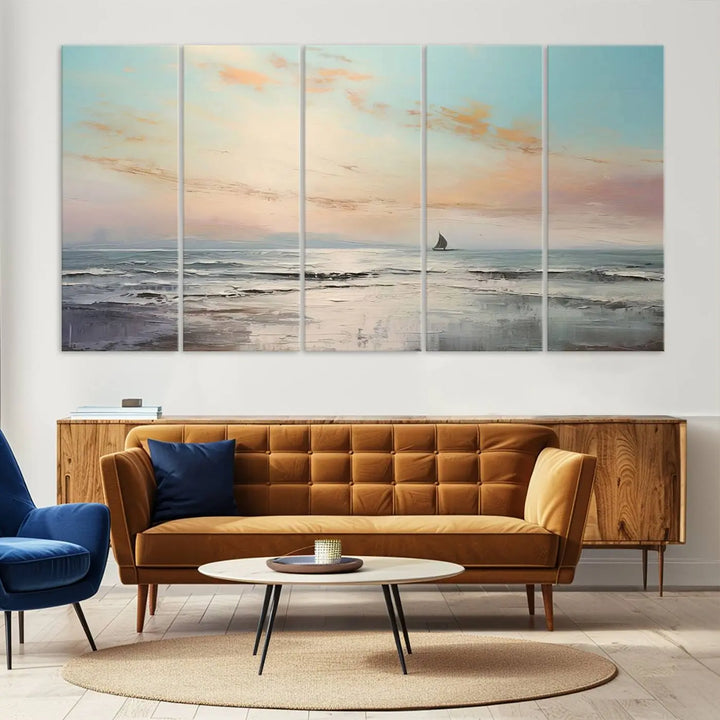 An exquisite Abstract Ocean and Boat Wall Art Canvas Print adorns the space. This beautifully framed artwork features high-resolution printing, infusing vibrant life into your decor.