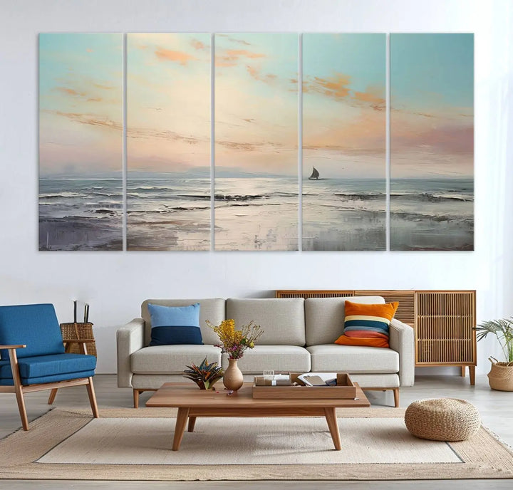 An exquisite Abstract Ocean and Boat Wall Art Canvas Print adorns the space. This beautifully framed artwork features high-resolution printing, infusing vibrant life into your decor.