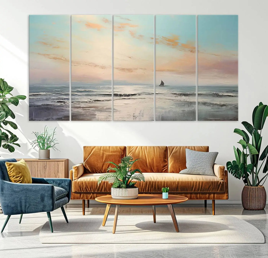 An exquisite Abstract Ocean and Boat Wall Art Canvas Print adorns the space. This beautifully framed artwork features high-resolution printing, infusing vibrant life into your decor.