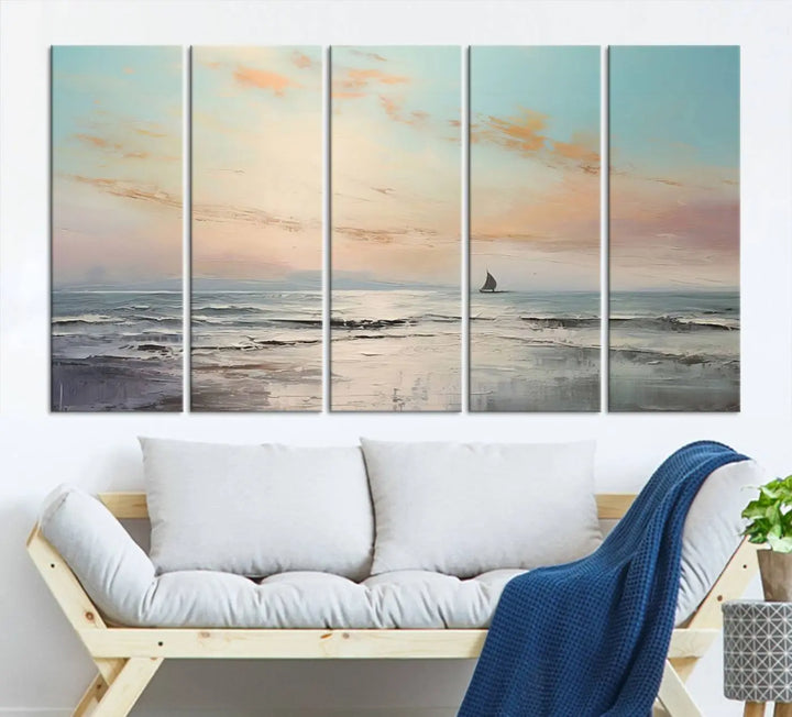 An exquisite Abstract Ocean and Boat Wall Art Canvas Print adorns the space. This beautifully framed artwork features high-resolution printing, infusing vibrant life into your decor.