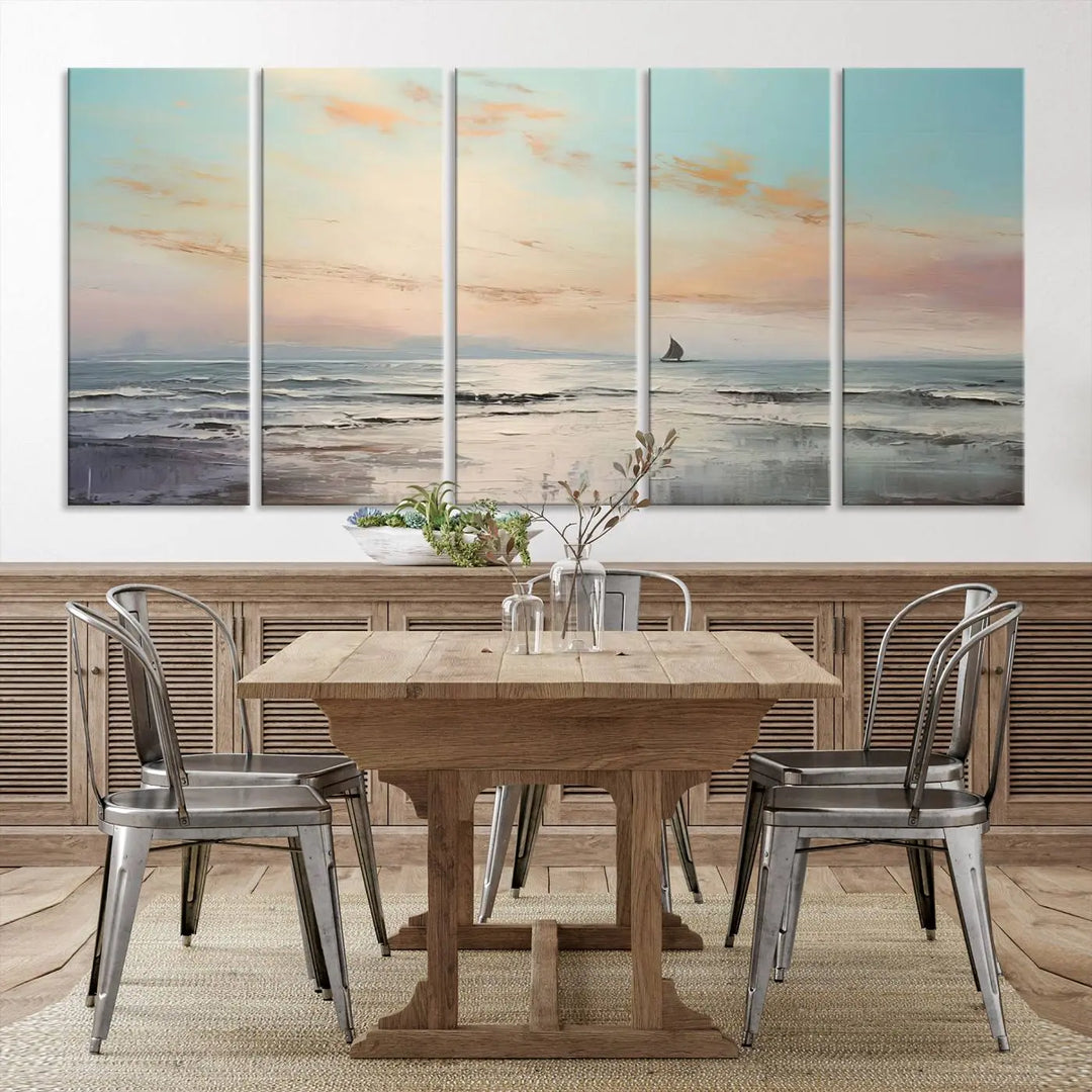 An exquisite Abstract Ocean and Boat Wall Art Canvas Print adorns the space. This beautifully framed artwork features high-resolution printing, infusing vibrant life into your decor.