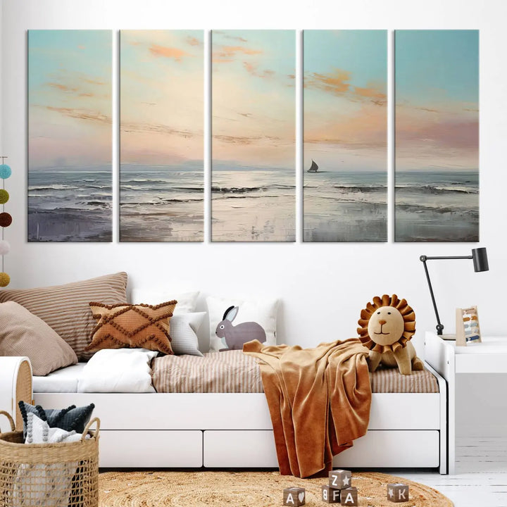 An exquisite Abstract Ocean and Boat Wall Art Canvas Print adorns the space. This beautifully framed artwork features high-resolution printing, infusing vibrant life into your decor.