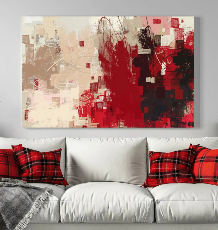 An Abstract Painting Canvas Wall Art in red and beige hues is displayed, ready to hang.