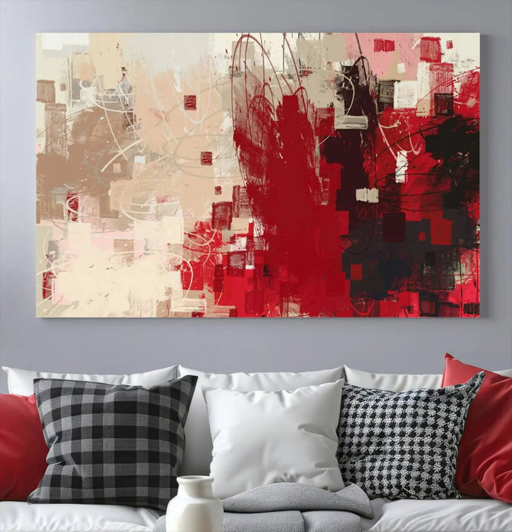 An Abstract Painting Canvas Wall Art in red and beige hues is displayed, ready to hang.