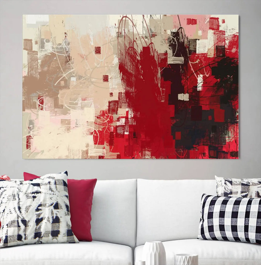 An Abstract Painting Canvas Wall Art in red and beige hues is displayed, ready to hang.