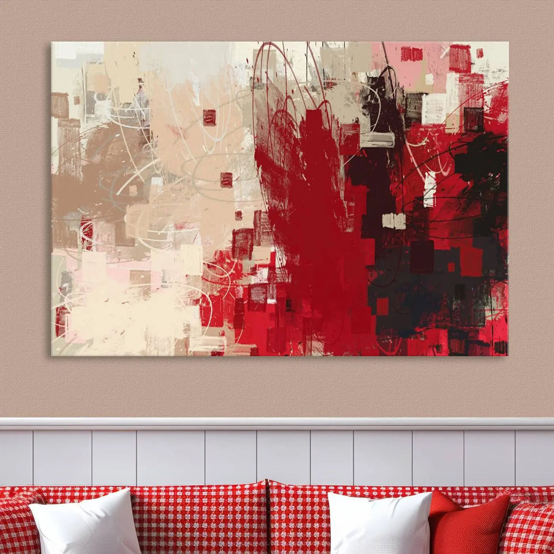 An Abstract Painting Canvas Wall Art in red and beige hues is displayed, ready to hang.