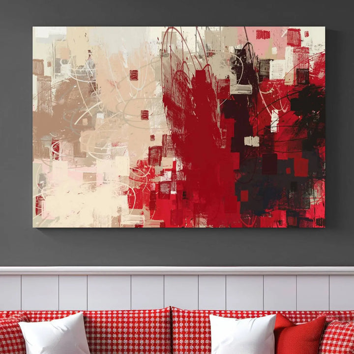 An Abstract Painting Canvas Wall Art in red and beige hues is displayed, ready to hang.