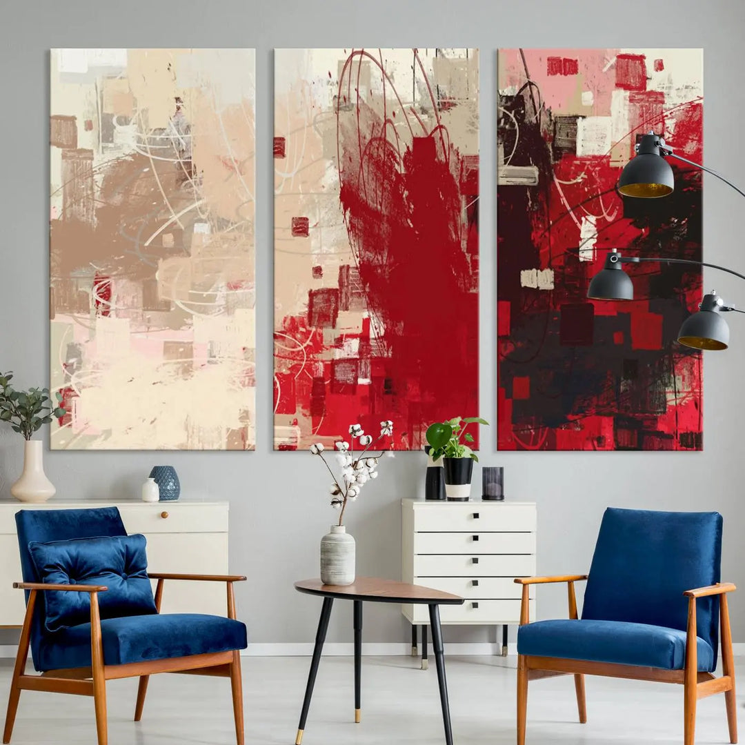 An Abstract Painting Canvas Wall Art in red and beige hues is displayed, ready to hang.