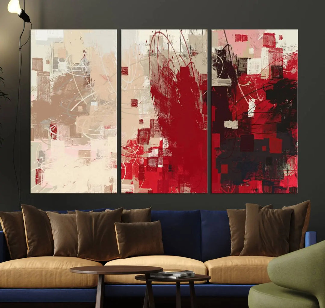 An Abstract Painting Canvas Wall Art in red and beige hues is displayed, ready to hang.