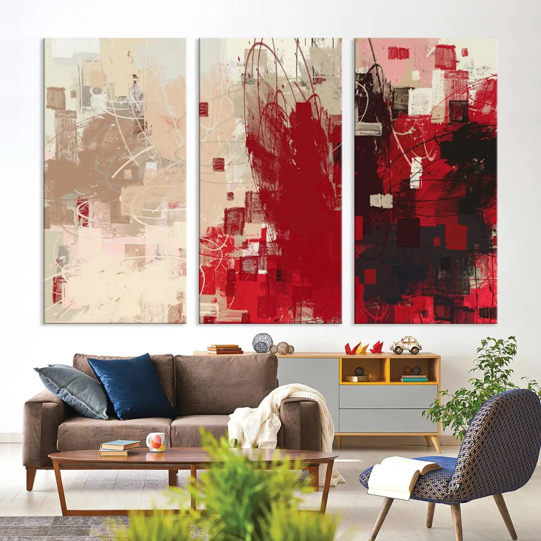 An Abstract Painting Canvas Wall Art in red and beige hues is displayed, ready to hang.