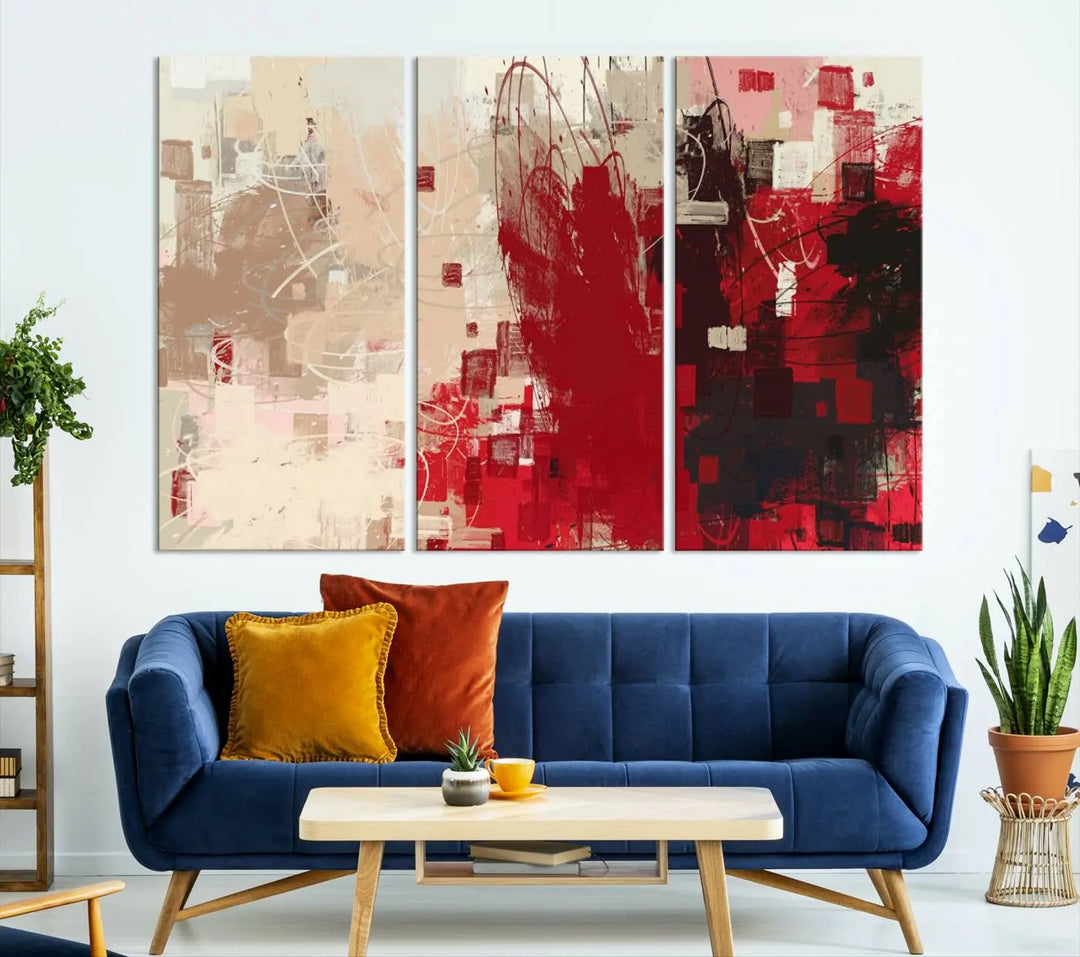 An Abstract Painting Canvas Wall Art in red and beige hues is displayed, ready to hang.