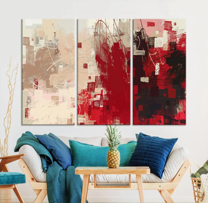 An Abstract Painting Canvas Wall Art in red and beige hues is displayed, ready to hang.