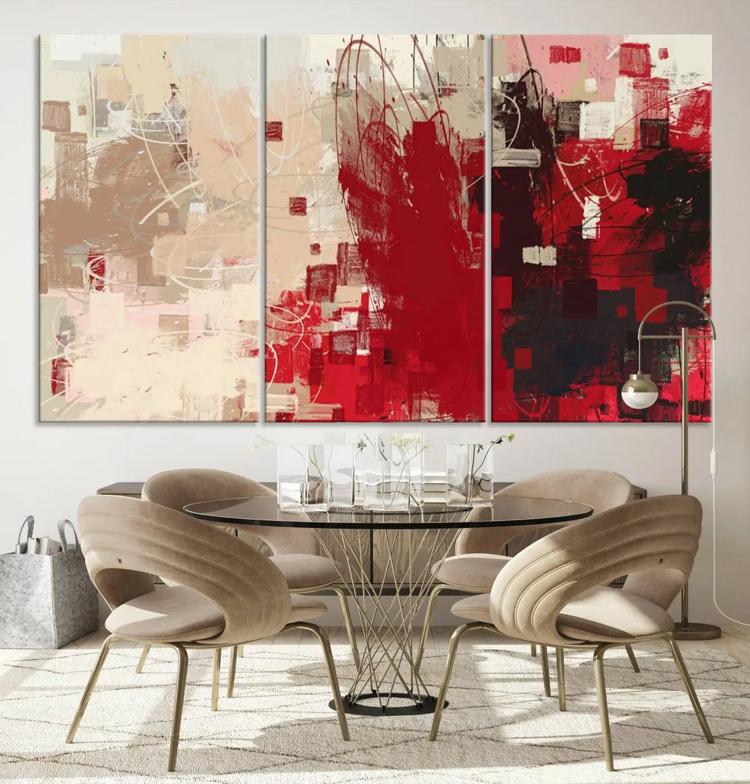 An Abstract Painting Canvas Wall Art in red and beige hues is displayed, ready to hang.