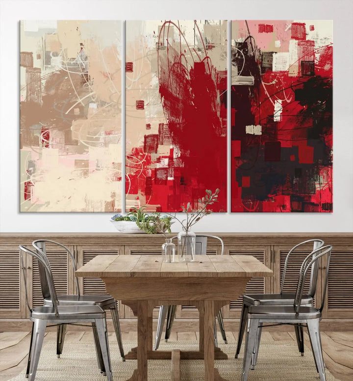 An Abstract Painting Canvas Wall Art in red and beige hues is displayed, ready to hang.