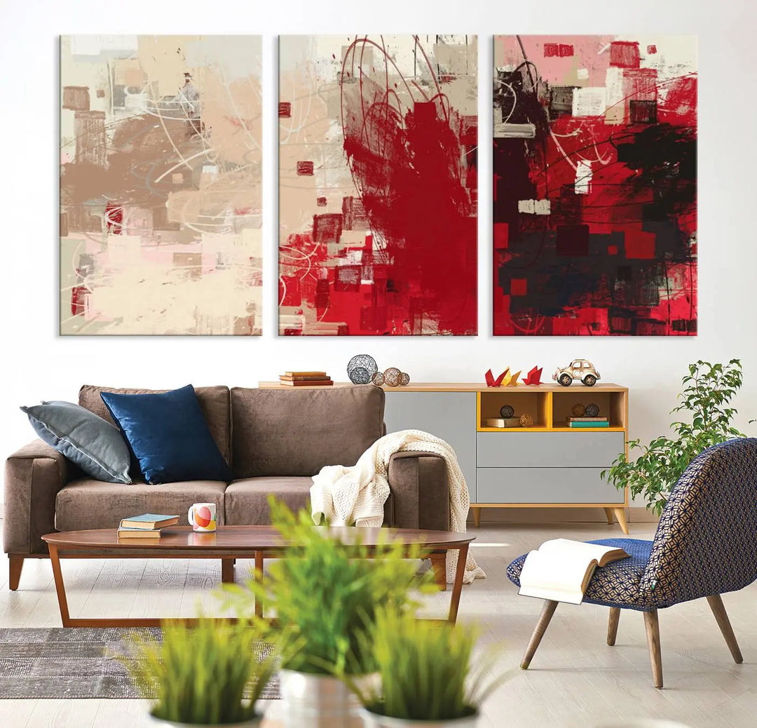 An Abstract Painting Canvas Wall Art in red and beige hues is displayed, ready to hang.