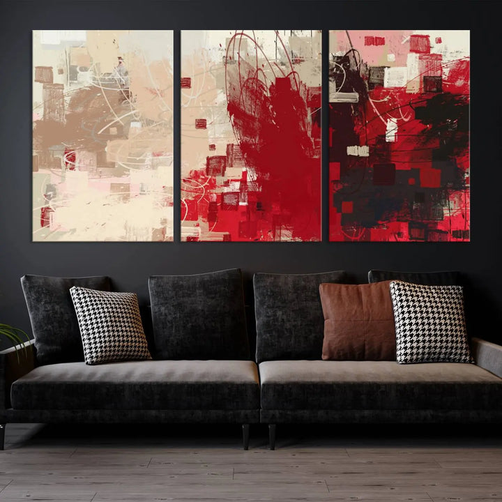 An Abstract Painting Canvas Wall Art in red and beige hues is displayed, ready to hang.