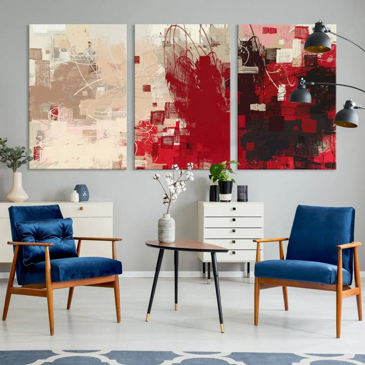 An Abstract Painting Canvas Wall Art in red and beige hues is displayed, ready to hang.